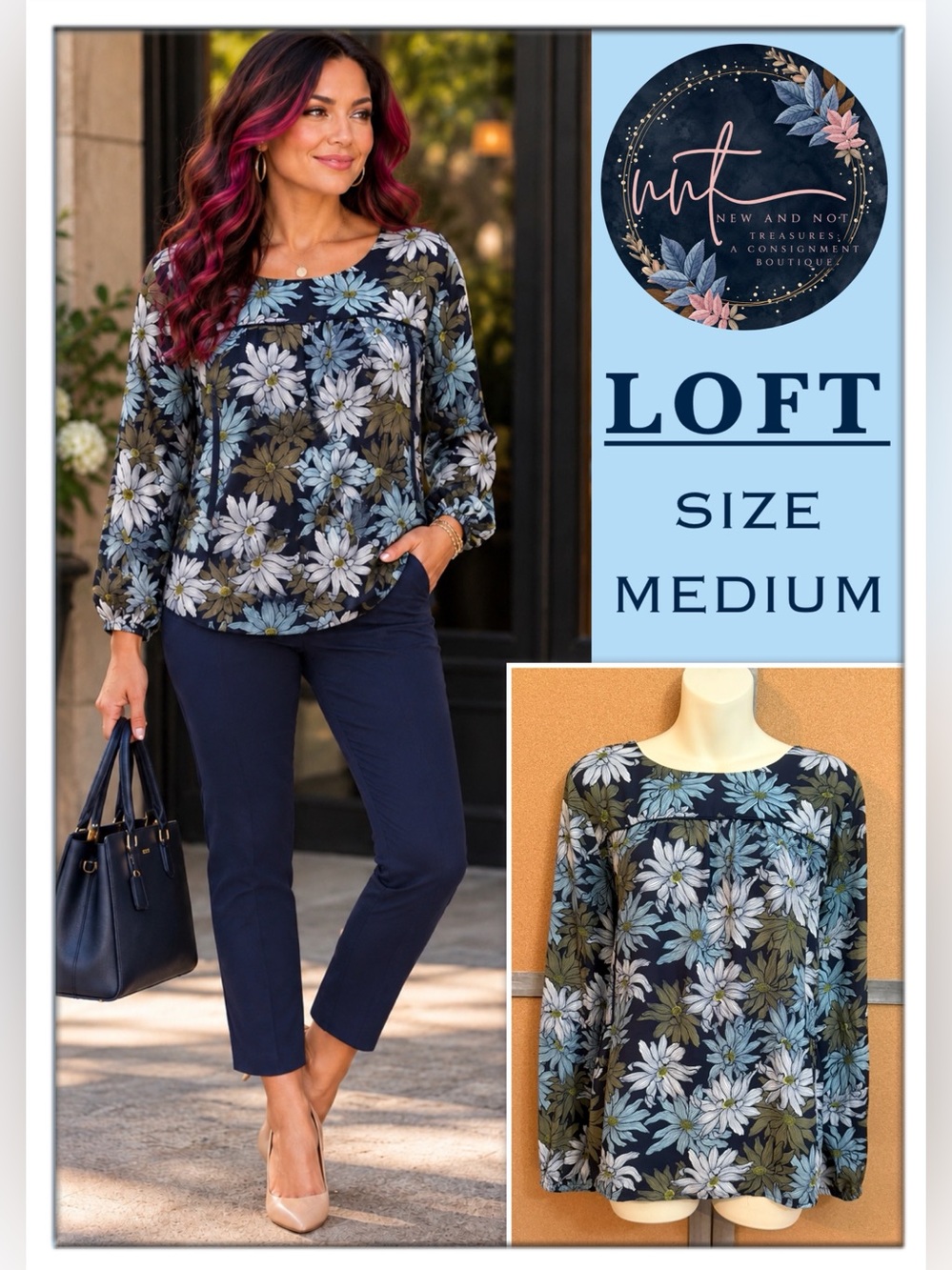 LOFT Navy Floral Long-Sleeve Peasant Blouse